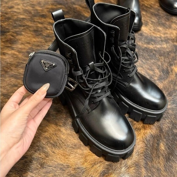PRADA Leather Zip Pocket Combat Booties - Picture 4 of 9
